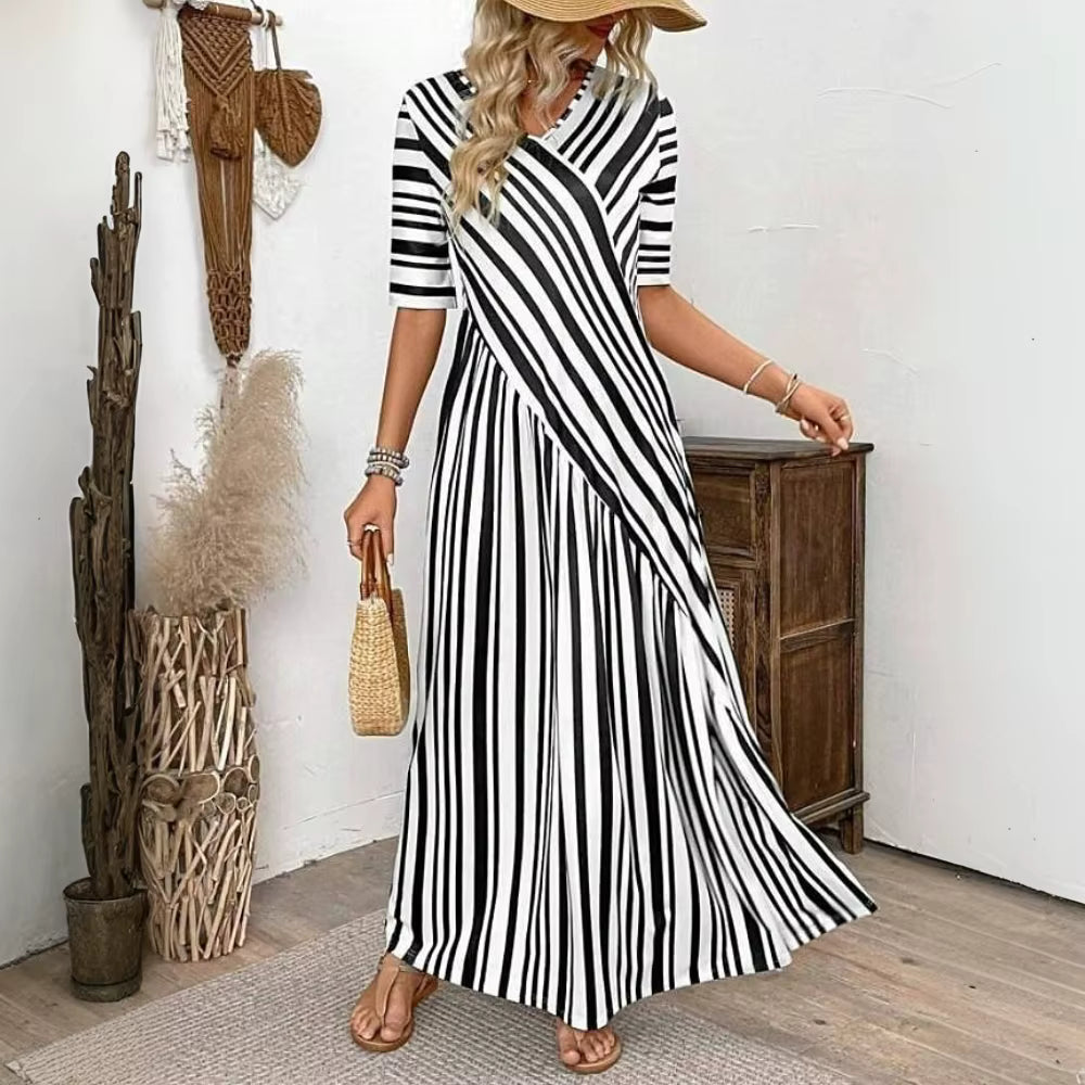 Elegant Short Sleeve Pullover Beach Style Ankle-Length Maxi Dress