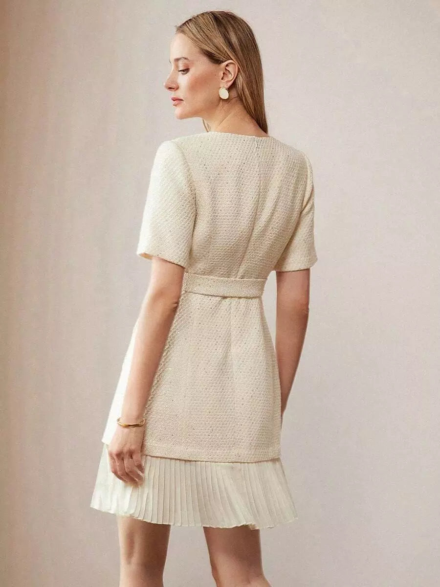 Elegant Short Sleeves Gold Buttons Daily Casual Tweed Dress