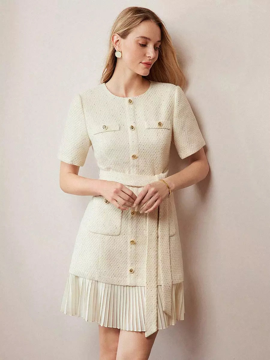 Elegant Short Sleeves Gold Buttons Daily Casual Tweed Dress