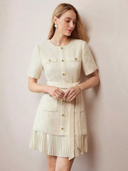 Elegant Short Sleeves Gold Buttons Daily Casual Tweed Dress