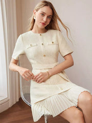 Elegant Short Sleeves Gold Buttons Daily Casual Tweed Dress