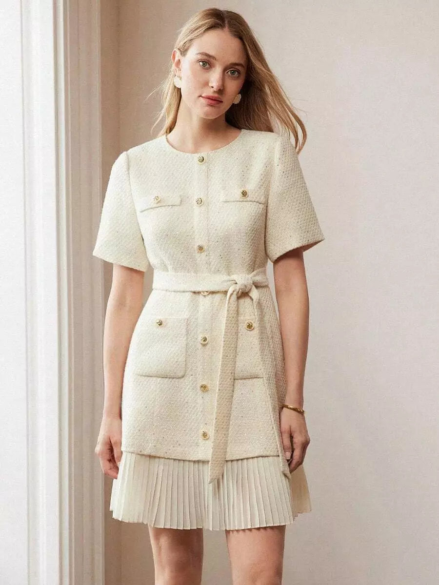 Elegant Short Sleeves Gold Buttons Daily Casual Tweed Dress
