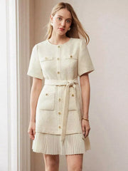 Elegant Short Sleeves Gold Buttons Daily Casual Tweed Dress