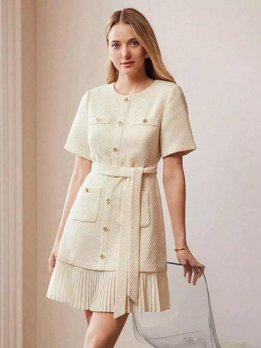 Elegant Short Sleeves Gold Buttons Daily Casual Tweed Dress