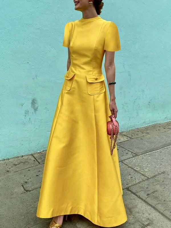 Elegant  Short Sleeves Pockets Solid Color Round-Neck A-Line Evening Maxi Dresses