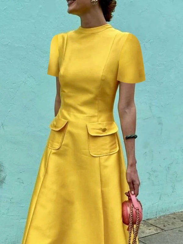 Elegant  Short Sleeves Pockets Solid Color Round-Neck A-Line Evening Maxi Dresses