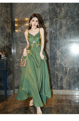 Elegant Satin Spaghetti Strap Vacation Holiday Beach Clothes Sweet Bow Sling A-Line Maxi Long Dress
