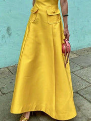 Elegant  Short Sleeves Pockets Solid Color Round-Neck A-Line Evening Maxi Dresses