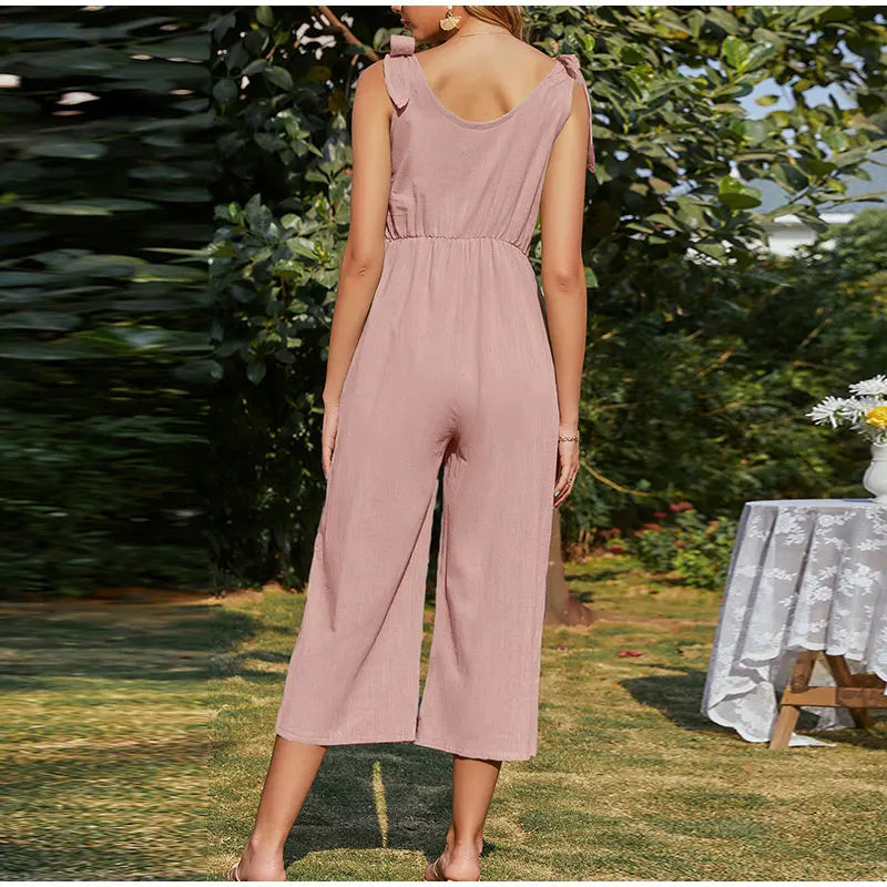 Elegant Shoulder Bow Sleeveless Wide Leg Rompers Holiday Beach Casual Jumpsuit