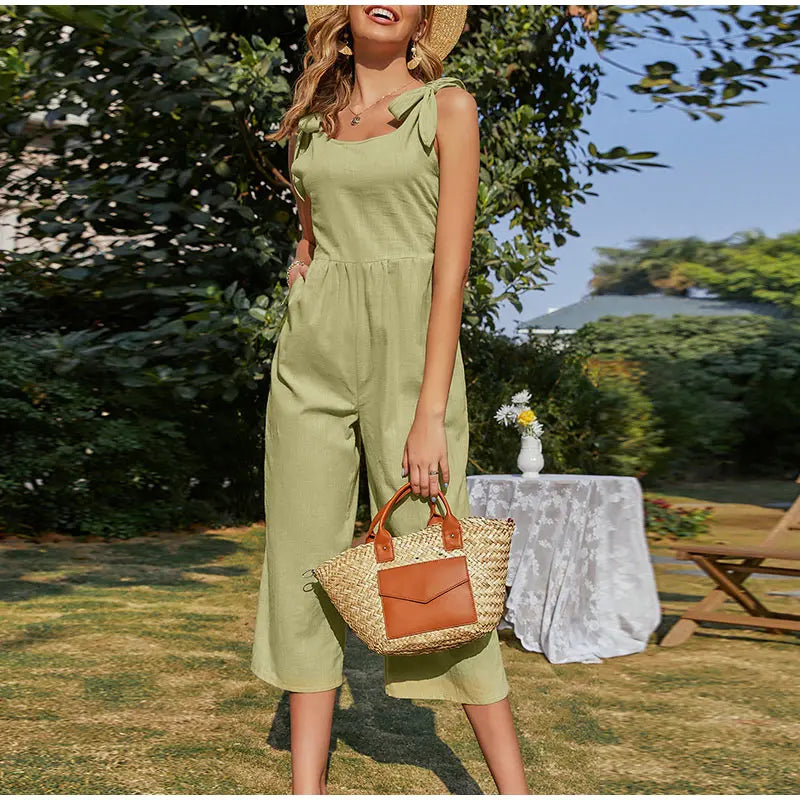 Elegant Shoulder Bow Sleeveless Wide Leg Rompers Holiday Beach Casual Jumpsuit
