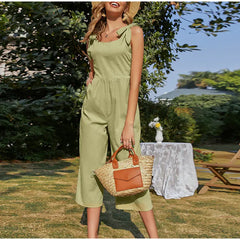 Elegant Shoulder Bow Sleeveless Wide Leg Rompers Holiday Beach Casual Jumpsuit