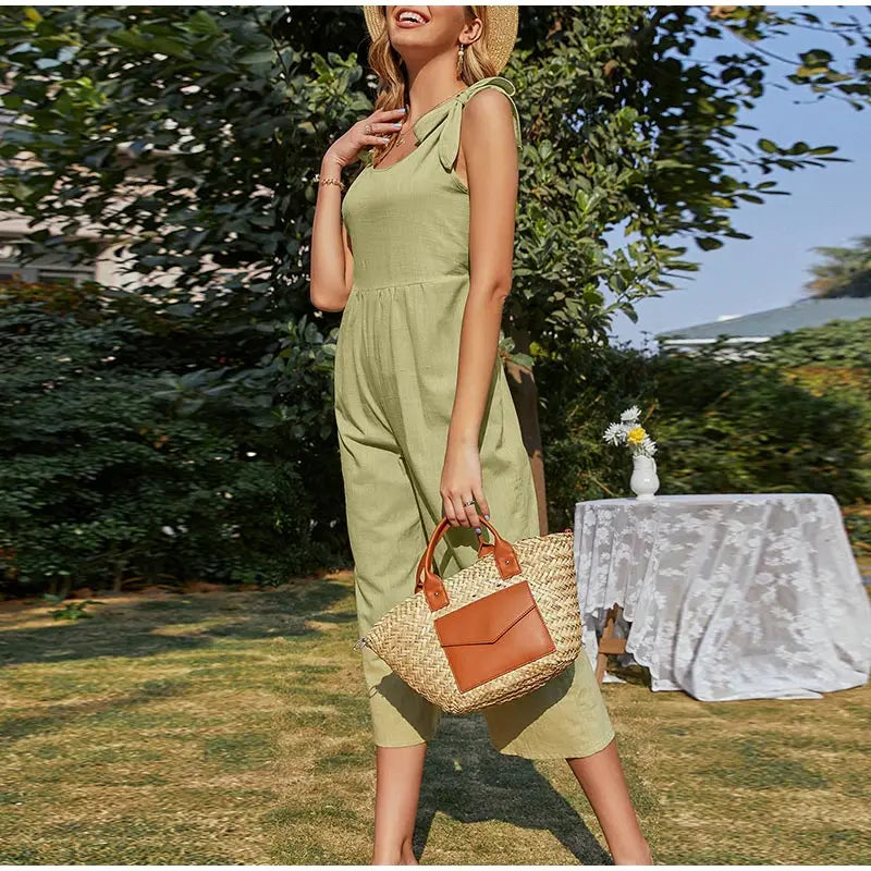 Elegant Shoulder Bow Sleeveless Wide Leg Rompers Holiday Beach Casual Jumpsuit