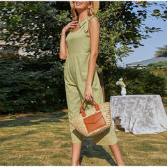 Elegant Shoulder Bow Sleeveless Wide Leg Rompers Holiday Beach Casual Jumpsuit