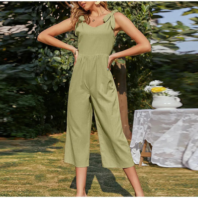 Elegant Shoulder Bow Sleeveless Wide Leg Rompers Holiday Beach Casual Jumpsuit
