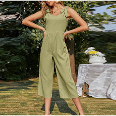 Elegant Shoulder Bow Sleeveless Wide Leg Rompers Holiday Beach Casual Jumpsuit