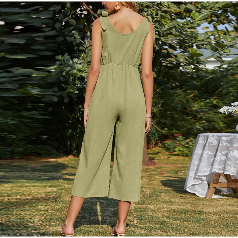 Elegant Shoulder Bow Sleeveless Wide Leg Rompers Holiday Beach Casual Jumpsuit