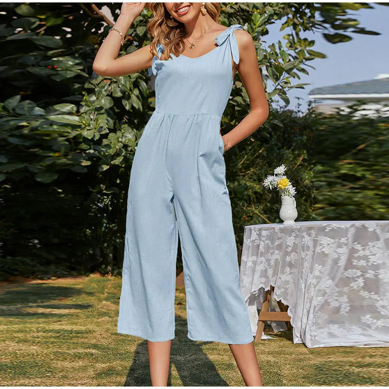 Elegant Shoulder Bow Sleeveless Wide Leg Rompers Holiday Beach Casual Jumpsuit
