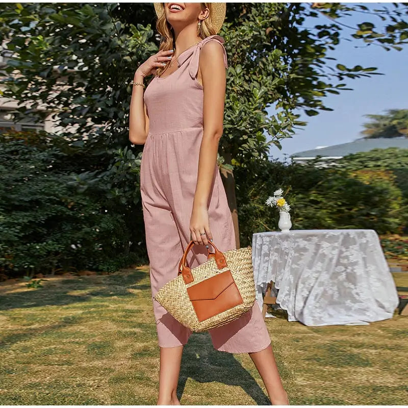 Elegant Shoulder Bow Sleeveless Wide Leg Rompers Holiday Beach Casual Jumpsuit