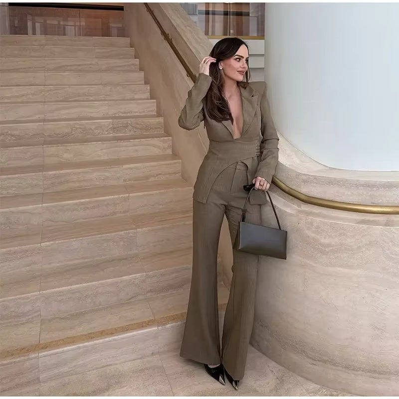 Elegant Shoulder Pads Suit Jacket High Waist Wide Leg Trousers Belt Blazer Pants Set