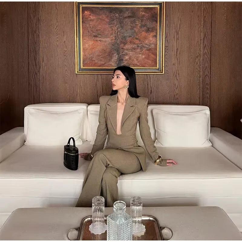 Elegant Shoulder Pads Suit Jacket High Waist Wide Leg Trousers Belt Blazer Pants Set