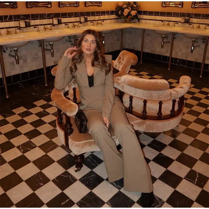 Elegant Shoulder Pads Suit Jacket High Waist Wide Leg Trousers Belt Blazer Pants Set