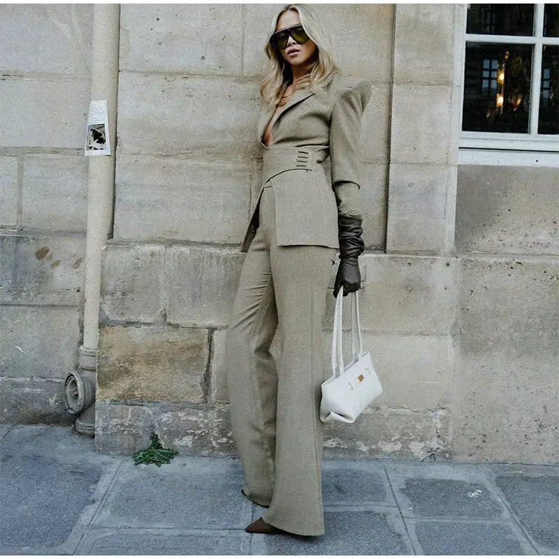 Elegant Shoulder Pads Suit Jacket High Waist Wide Leg Trousers Belt Blazer Pants Set