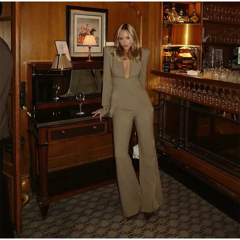 Elegant Shoulder Pads Suit Jacket High Waist Wide Leg Trousers Belt Blazer Pants Set