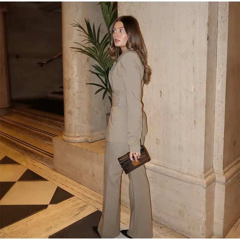 Elegant Shoulder Pads Suit Jacket High Waist Wide Leg Trousers Belt Blazer Pants Set