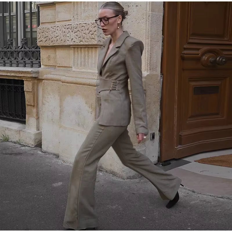 Elegant Shoulder Pads Suit Jacket High Waist Wide Leg Trousers Belt Blazer Pants Set