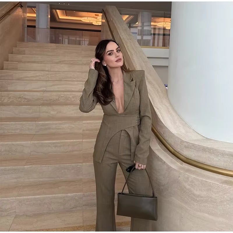 Elegant Shoulder Pads Suit Jacket High Waist Wide Leg Trousers Belt Blazer Pants Set