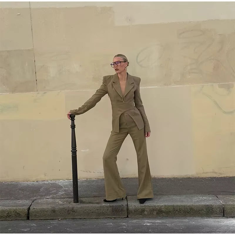 Elegant Shoulder Pads Suit Jacket High Waist Wide Leg Trousers Belt Blazer Pants Set