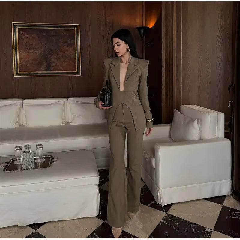 Elegant Shoulder Pads Suit Jacket High Waist Wide Leg Trousers Belt Blazer Pants Set