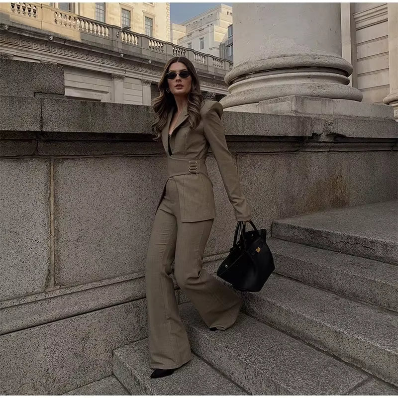 Elegant Shoulder Pads Suit Jacket High Waist Wide Leg Trousers Belt Blazer Pants Set