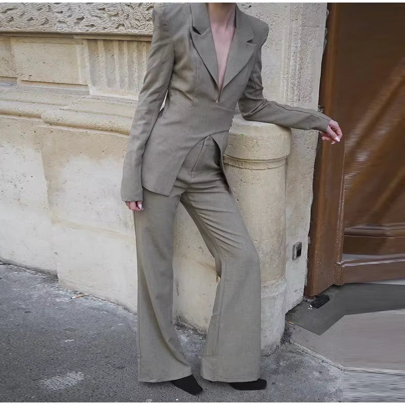 Elegant Shoulder Pads Suit Jacket High Waist Wide Leg Trousers Belt Blazer Pants Set
