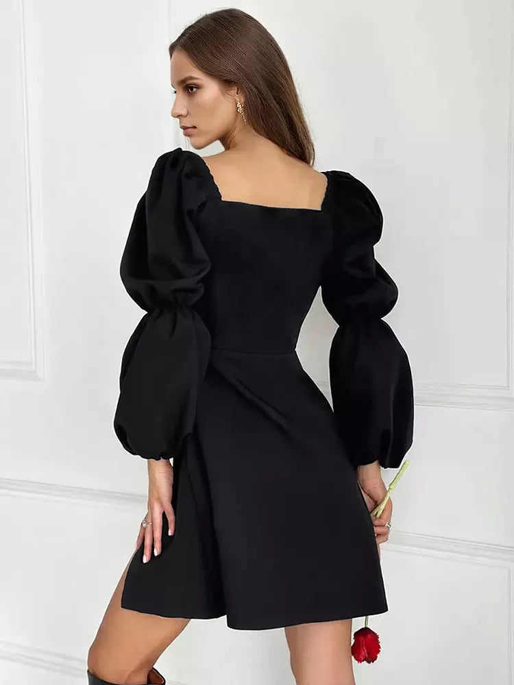Elegant Side Slit Off-shoulder Puff Sleeves Short Dress