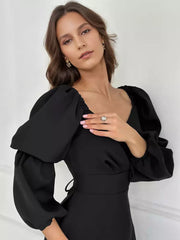 Elegant Side Slit Off-shoulder Puff Sleeves Short Dress