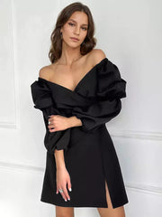 Elegant Side Slit Off-shoulder Puff Sleeves Short Dress