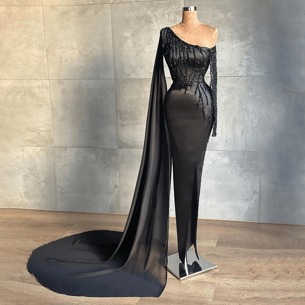 Elegant Side Slit with Cap Sleeves Mermaid One Shoulder Evening Dress