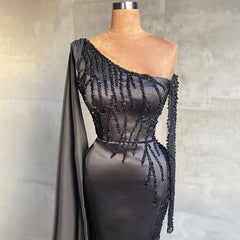 Elegant Side Slit with Cap Sleeves Mermaid One Shoulder Evening Dress
