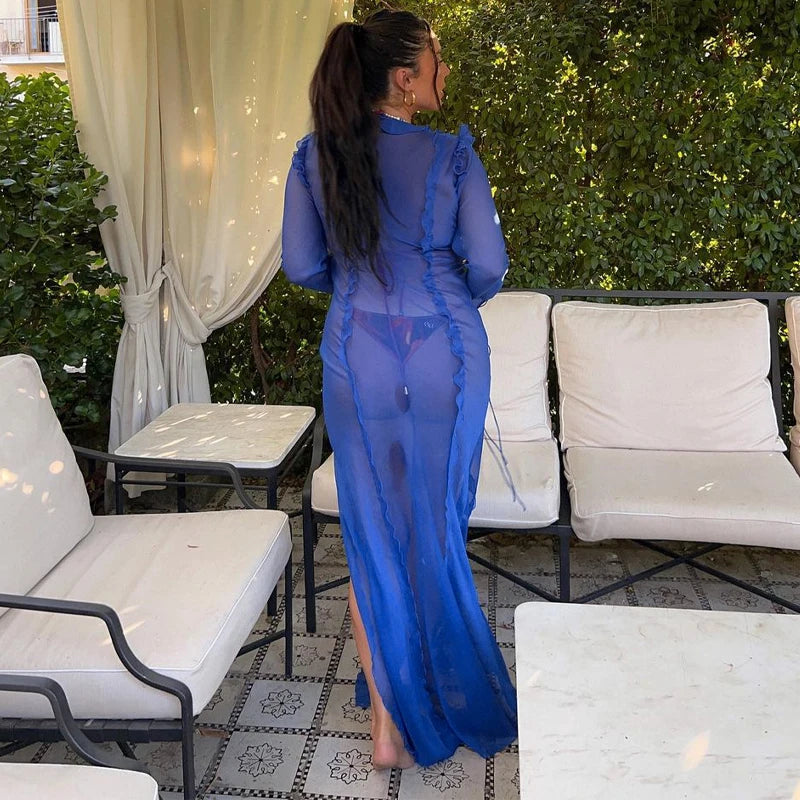 Elegant Side Split V neck Perspective Ruffle Drawstring Tight Maxi Dresses