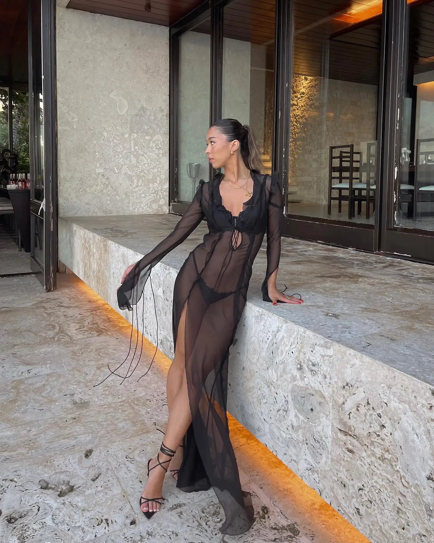 Elegant Side Split V neck Perspective Ruffle Drawstring Tight Maxi Dresses