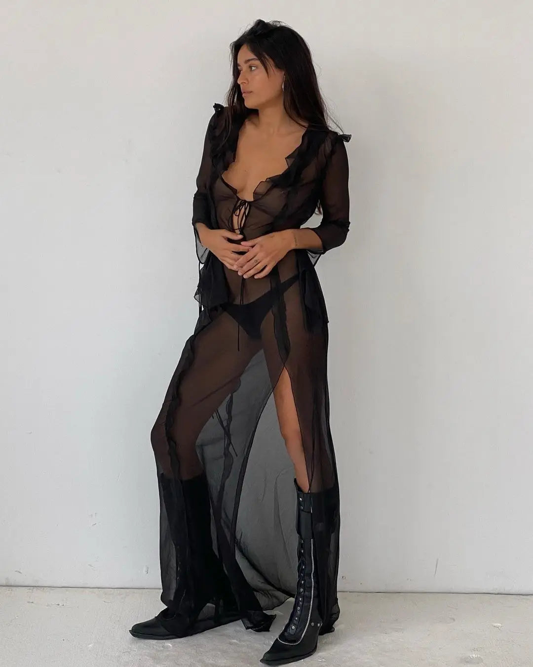 Elegant Side Split V neck Perspective Ruffle Drawstring Tight Maxi Dresses