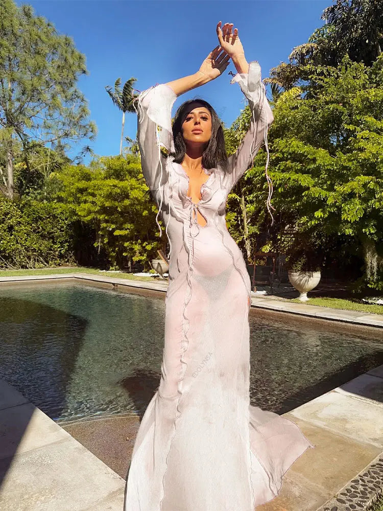 Elegant Side Split V neck Perspective Ruffle Drawstring Tight Maxi Dresses