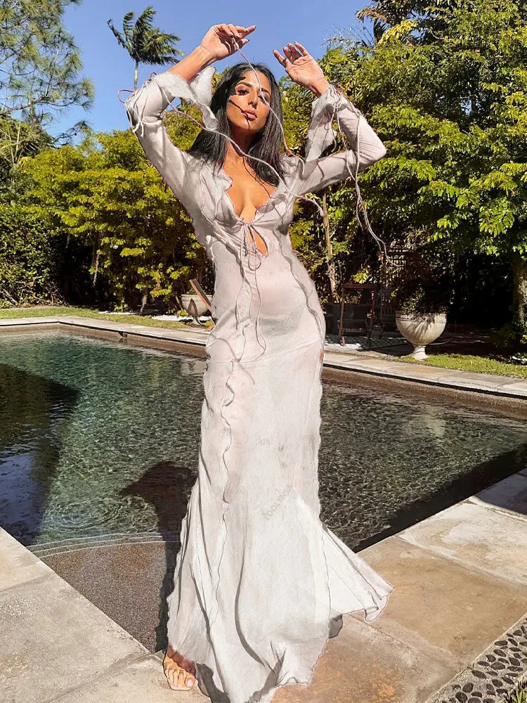 Elegant Side Split V neck Perspective Ruffle Drawstring Tight Maxi Dresses