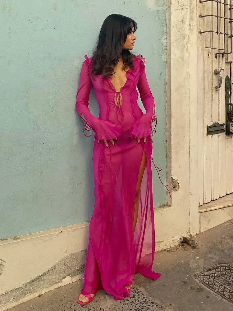 Elegant Side Split V neck Perspective Ruffle Drawstring Tight Maxi Dresses