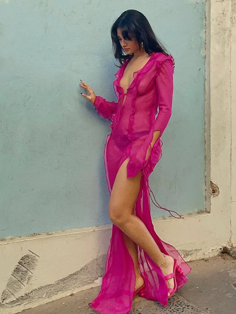 Elegant Side Split V neck Perspective Ruffle Drawstring Tight Maxi Dresses