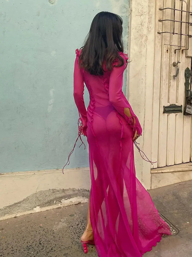 Elegant Side Split V neck Perspective Ruffle Drawstring Tight Maxi Dresses
