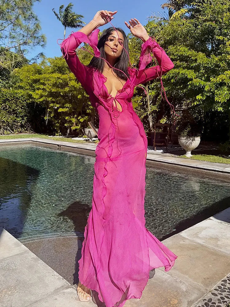 Elegant Side Split V neck Perspective Ruffle Drawstring Tight Maxi Dresses