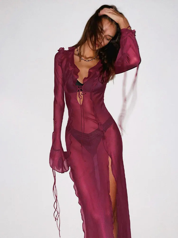 Elegant Side Split V neck Perspective Ruffle Drawstring Tight Maxi Dresses