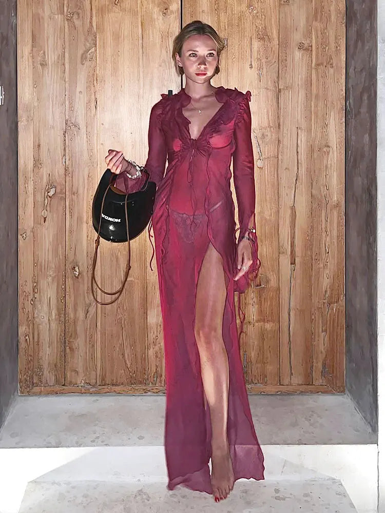 Elegant Side Split V neck Perspective Ruffle Drawstring Tight Maxi Dresses